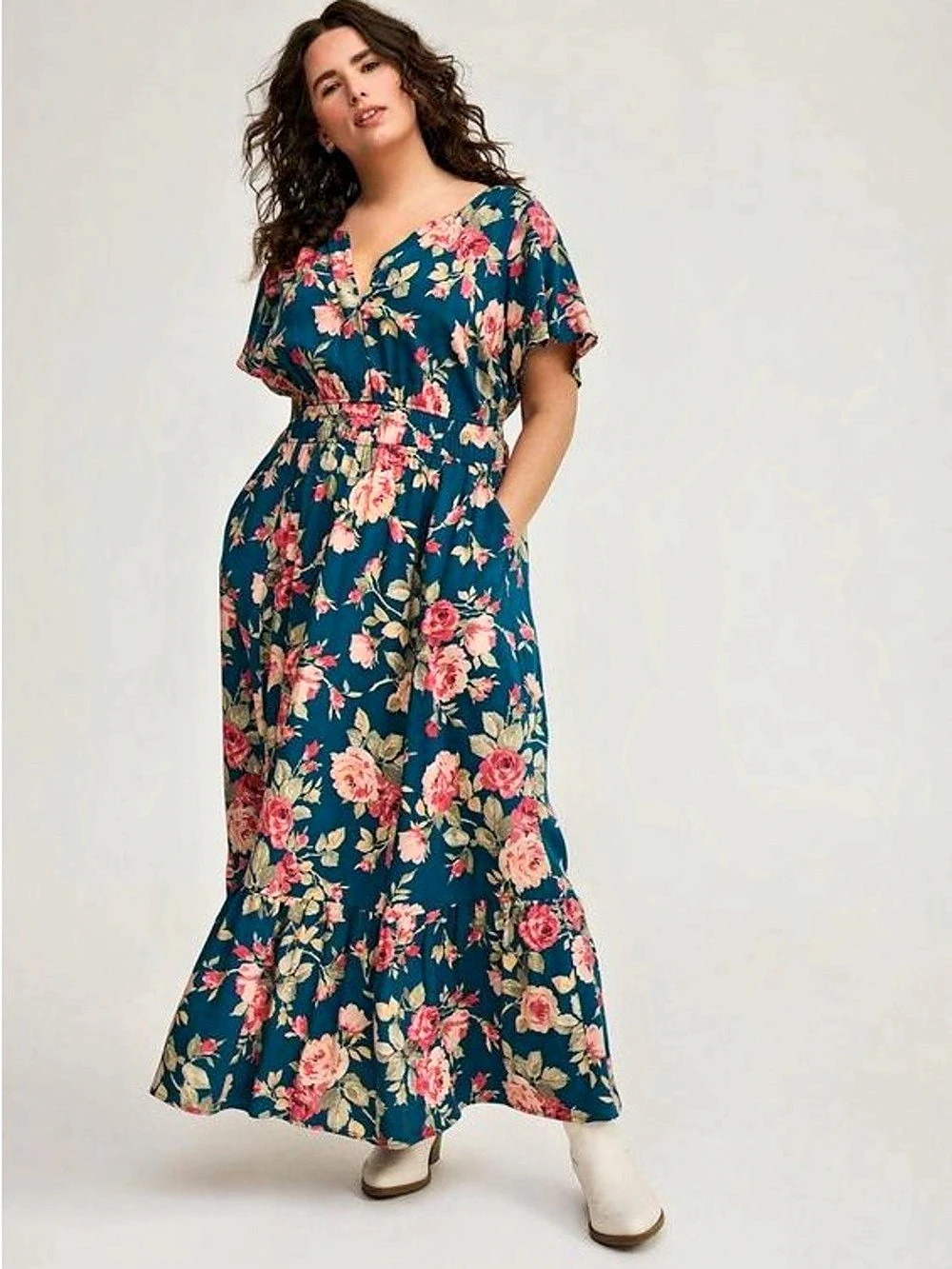 Torrid Flutter Sleeve Tiered Maxi Dress Floral Maxi Dress in Blue & Pink Like